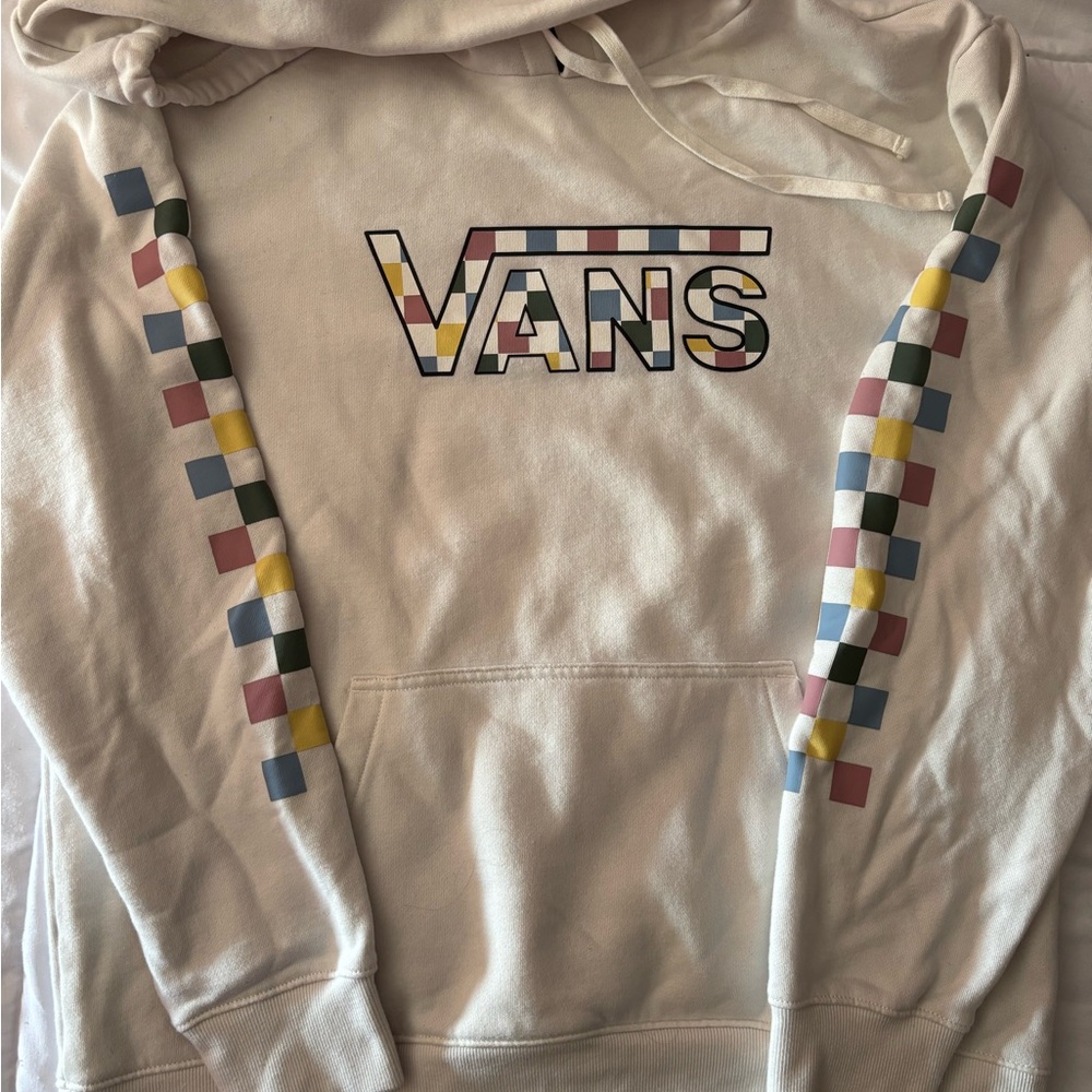 Vans Cream Hoodie with Multicolor Checkered Logo